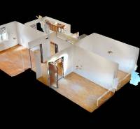 Predaj, trojizbový byt v Kremnici - 3D vizualizácia 3-izbového bytu s podlahou s dreveným dekorom a bielymi stenami.