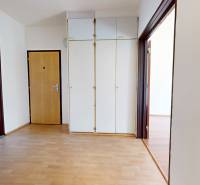 Predaj, trojizbový byt v Kremnici - Interiér 3-izbového bytu s podlahou s dreveným dekorom a bielymi skriňami.