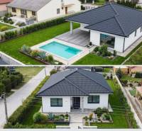 PRIESTRANNÁ 4-IZBOVÁ NOVOSTAVBA 167.38m²- BUNGALOV NA POZEMKU AŽ 702m² - Rodinný dom v Pavliciach s bazénom a záhradou, obklopený trávnatou plochou a zeleňou.