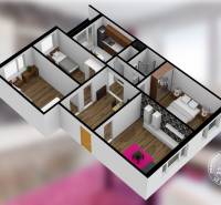 4-i., zariadený, lodžia, pivnica, internet, Röntgenova ul. - Pôdorys 4-izbového bytu s podlahou s dreveným dekorom a rôznymi miestnosťami.