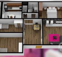 4-i., zariadený, lodžia, pivnica, internet, Röntgenova ul. - Pôdorys 4-izbového bytu s podlahou s dreveným dekorom, kuchyňou a dvoma spálňami.