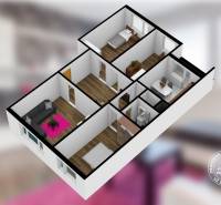 4-i., zariadený, lodžia, pivnica, internet, Röntgenova ul. - 3D pôdorys 4-izbového bytu so zónou obývačky, spální a kuchyňou.