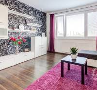 4-i., zariadený, lodžia, pivnica, internet, Röntgenova ul. - Obývacia izba 4-izbového bytu s farebným kobercom a podlahou s dreveným dekorom.