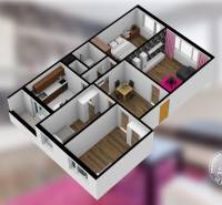 4-i., zariadený, lodžia, pivnica, internet, Röntgenova ul. - Pôdorys 4-izbového bytu s podlahou s dreveným dekorom a farebnými doplnkami.