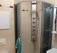 1-izb. byt, Krížná ul., Staré Mesto s veľkou lodžiou - Kúpeľňa v 1-izbovom byte s rohovou sprchou, umývadlom a WC.