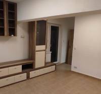 1-izb. byt, Krížná ul., Staré Mesto s veľkou lodžiou - Obývacia izba 1-izbového bytu s nábytkom a podlahou s dreveným dekorom.