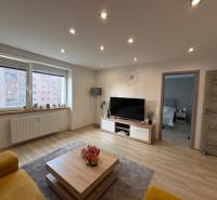 NA PREDAJ vkusne zrekonštruovaný  2 izbový byt, Komárno - Svetlá obývacia izba v 2-izbovom byte s podlahou s dreveným dekorom a pohovkou.