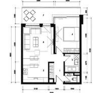 I PRENÁJOM - Nový moderný 2-izb. byt, TEHELNÉ POLE, Bajkalská - Pôdorys 2-izbového bytu na ulici Bajkalská: kuchyňa, obývacia izba, spálňa, kúpeľňa.