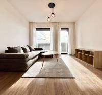 I PRENÁJOM - Nový moderný 2-izb. byt, TEHELNÉ POLE, Bajkalská - Obývačka s pohodlnou pohovkou a dreveným nábytkom na ulici Bajkalská, 2-izbový byt.