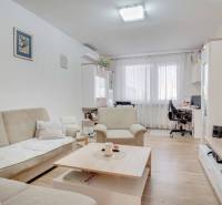 3-izbový byt s loggiou na ul. S.H. Vajanského, Nové Zámky – 74,69m2 - Obývacia izba v 3-izbovom byte s podlahou s dreveným dekorom a pohodlným sedením.