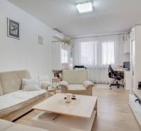 3-izbový byt s loggiou na ul. S.H. Vajanského, Nové Zámky – 74,69m2 - Obývacia izba s pohovkou a TV v 3-izbovom byte, podlaha s dreveným dekorom.