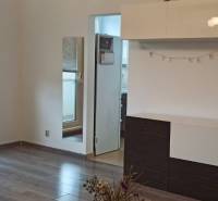 Prenájom 2-izbový byt na začiatku Petržalky - Obývacia izba v 2-izbovom byte s podlahou s dreveným dekorom, bielym nábytkom a zrkadlom.