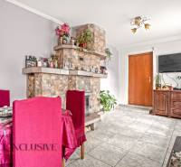 NA PREDAJ 5-IZBOVÝ RODINNÝ DOM NA 15Á POZEMKU,ŠALGOČKA - Obývačka rodinného domu s krbom, kvetmi, červenými stoličkami a dreveným nábytkom.