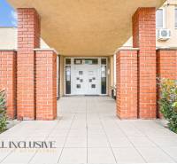 NA PREDAJ ŠKOLSKÁ BUDOVA NA VEĽKOM POZEMKU, MOSTOVÁ - Vchod do budovy v Mostovej, s tehlovými stĺpmi, dlažbou a rastlinami.