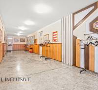 NA PREDAJ ŠKOLSKÁ BUDOVA NA VEĽKOM POZEMKU, MOSTOVÁ - Interiér budovy so stenami z dreveného dekoru a vešiakmi na kabáty.