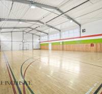 NA PREDAJ ŠKOLSKÁ BUDOVA NA VEĽKOM POZEMKU, MOSTOVÁ - Športová hala s podlahou s dreveným dekorom, basketbalovým košom a sieťkami na oknách.