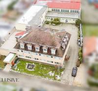 NA PREDAJ ŠKOLSKÁ BUDOVA NA VEĽKOM POZEMKU, MOSTOVÁ - Letecká fotografia budovy v Mostovej so záhradou a asfaltovým parkoviskom v okolí.