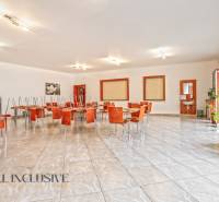 NA PREDAJ ŠKOLSKÁ BUDOVA NA VEĽKOM POZEMKU, MOSTOVÁ - Priestranná jedáleň v budove s dlažbou, kvetinami a obrázkami na stenách.