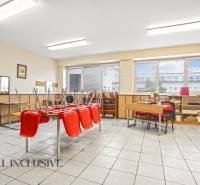 NA PREDAJ ŠKOLSKÁ BUDOVA NA VEĽKOM POZEMKU, MOSTOVÁ - V interiéri budovy sa nachádza miestnosť s červenými stoličkami na stole a veľkými oknami.