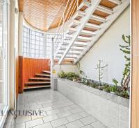 NA PREDAJ ŠKOLSKÁ BUDOVA NA VEĽKOM POZEMKU, MOSTOVÁ - Interiér budovy s bielymi schodmi, podlaha s dreveným dekorom, zeleň.