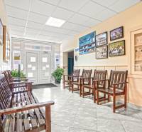 NA PREDAJ ŠKOLSKÁ BUDOVA NA VEĽKOM POZEMKU, MOSTOVÁ - Budova s lavičkami a vitrínami na stene, dlaždicová podlaha, dekorácie a rastliny.