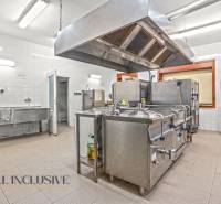 NA PREDAJ ŠKOLSKÁ BUDOVA NA VEĽKOM POZEMKU, MOSTOVÁ - Profesionálna kuchyňa v budove s nerezovým vybavením a bielymi dlaždicami.