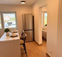 Prenájom: 2 izbový byt v obci Staškov (316-B) - Kuchyňa v 2-izbovom byte s barom, podlahou s dreveným dekorom a chladničkou.