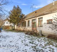 Na predaj 4-izbový rodinný dom, Dolné Saliby - Zasnežený dvor vedľa rodinného domu v Dolných Salibách so stromami a bránou.