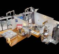 Na prenájom 2 izb. byt s parkovaním a veľkou terasou Guthaus - 3D model 2-izbového bytu s balkónom, podlahou s dreveným dekorom a moderným vybavením.