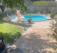 Na predaj 5-izb. rodinný dom na 50-á pozemku, Sap - Rodinný dom v Sape so záhradou a bazénom, obklopený rastlinami a detským nafukovacím kruhom.