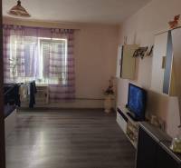 Na predaj 3-izb. rodinný dom, Gabčíkovo – Polná ulica - Obývacia izba v Rodinnom dome s podlahou s dreveným dekorom, televízorom a záclonami.