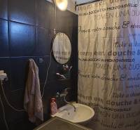 Na predaj 3-izb. rodinný dom, Gabčíkovo – Polná ulica - Kúpeľňa v rodinnom dome s tmavými obkladačkami, umývadlom a sprchovacím závesom.