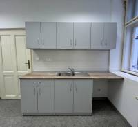 Reprezentatívne priestory na prenájom, Mlynská, Košice - Staré mesto - Kuchynská linka so šedými skrinkami a drezom v Kancelárii.