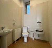 Reprezentatívne priestory na prenájom, Mlynská, Košice - Staré mesto - Kúpeľňa v kanceláriách so záchodom, umývadlom a radiátorom na svetlej dlažbe.