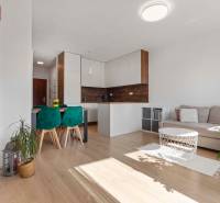 | Krásny a moderný 2-izbový byt | 51,50m² | - Obývacia izba s kuchyňou v 2-izbovom byte, podlaha s dreveným dekorom, zelenými stoličkami.