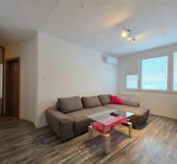 Prenájom, 1,5i Terasa, Kežmarská, zariadený - Obývačka s hnedou sedačkou, skleneným stolíkom, podlahou s dreveným dekorom v 2-izbovom byte.