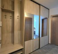 Prenájom, 1,5i Terasa, Kežmarská, zariadený - Skriňa so zrkadlom a vešiaky v predsieni 2-izbového bytu s podlahou s dreveným dekorom.