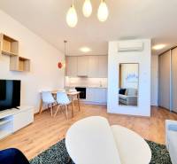 Posledný investičný krásny 2-izbový byt | 55 m² | RÍNOK RAČA - Obývacia izba v 2-izbovom byte s podlahou s dreveným dekorom, kuchyňou a jedálenským stolom.