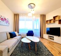 Posledný investičný krásny 2-izbový byt | 55 m² | RÍNOK RAČA - Obývačka v 2-izbovom byte s pohovkou, TV a podlahou s dreveným dekorom.