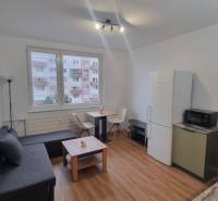 Prenájom 1- izbový byt - Obývacia izba 1-izbového bytu s pohovkou, stolom a podlahou s dreveným dekorom.