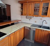 Luxusný rodinný dom s bazénom a dvojgarážou v Komárne - Kuchyňa v Rodinnom dome s drevenými skrinkami a nerezovou umývačkou riadu.