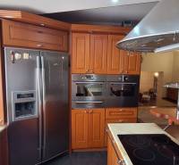 Luxusný rodinný dom s bazénom a dvojgarážou v Komárne - Kuchyňa v rodinnom dome s drevenými skrinkami a nerezovými spotrebičmi.