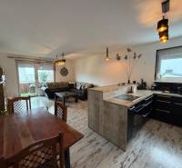 Zariadený 3 izbový byt s balkónom v Kittsee  - Obývacia izba s kuchyňou v 3-izbovom byte, podlaha s dreveným dekorom.