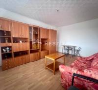 TOP 3 izbový byt v Moravskom Lieskovom s garážou a predzáhradkou - Obývacia izba v 3-izbovom byte s červenou sedačkou a drevenou obývacou stenou.