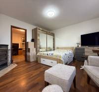 PREDAJ - 2i BYT - ZLATÉ MORAVCE - Interiér izby s podlahou s dreveným dekorom a krbom v 2-izbovom byte.