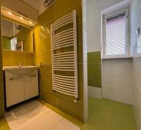 PREDAJ - 2i BYT - ZLATÉ MORAVCE - Kúpeľňa v 2-izbovom byte s umývadlom, zrkadlom a zeleno-bielymi obkladmi.