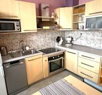 Prenájom 3 izbový byt, Švabinského ulica, Bratislava V. Petržalka - Kuchyňa v 3-izbovom byte s dreveným dekorom skriniek, sušičkou a rúrou.