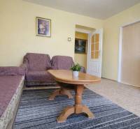 REZERVONY - 2 izbový tehlový byt na Novej Dubnici, 60  - Obývačka s pohovkou, kreslom, kobercom a stolíkom v 2-izbovom byte, podlaha s dreveným dekorom.