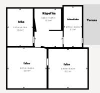 Prerobený rodinný dom na veľkom tichom pozemku v obci Pruské   - Pôdorys rodinného domu v Pruskom so štyrmi miestnosťami a terasou.