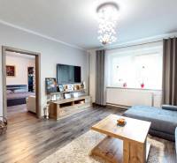 Prerobený rodinný dom na veľkom tichom pozemku v obci Pruské   - Obývacia izba v rodinnom dome s kozubom, podlahou s dreveným dekorom a sedacou súpravou.